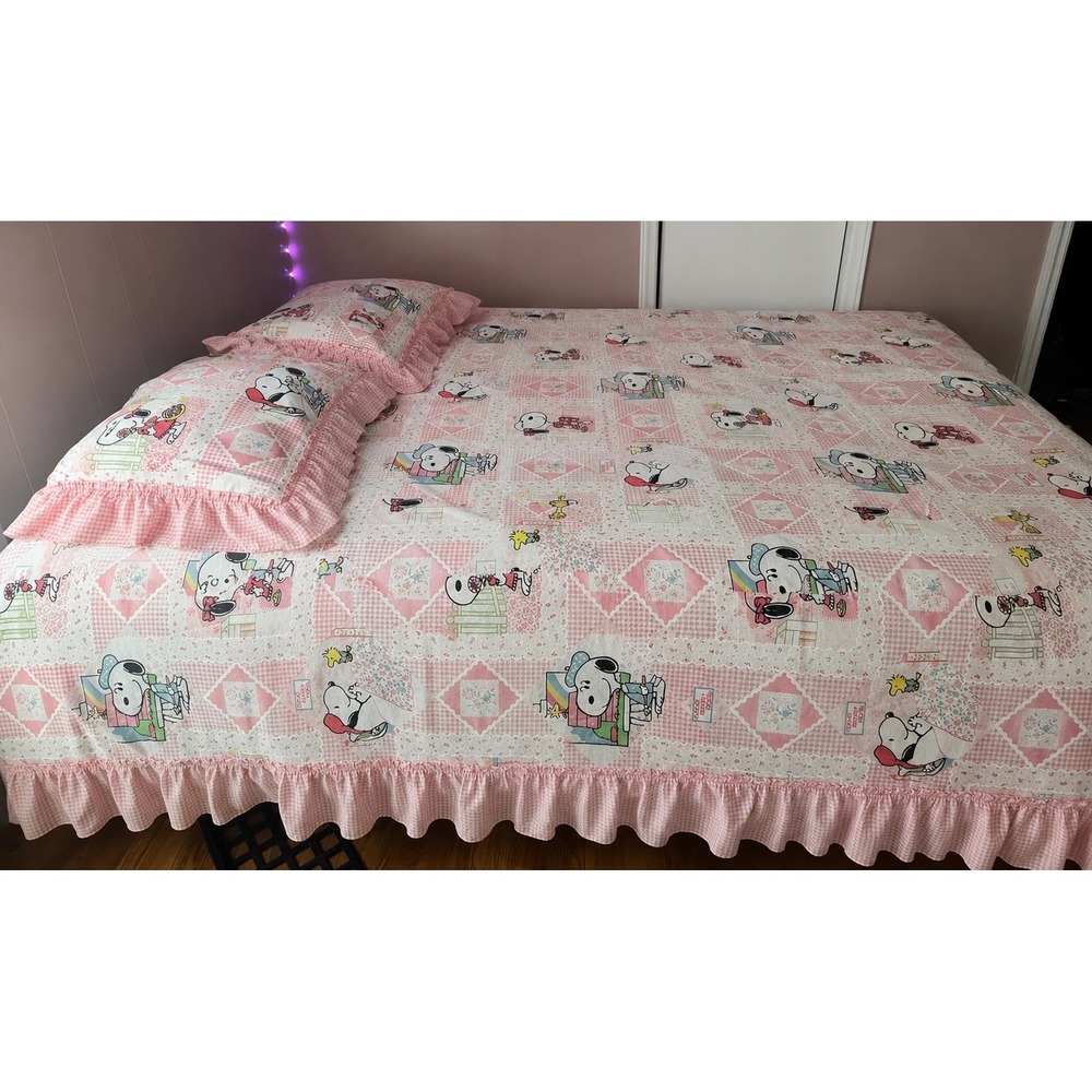 Vintage Peanuts Snoopy Pink Gingham patchwork queen Bedspread Shams Set 80s rare